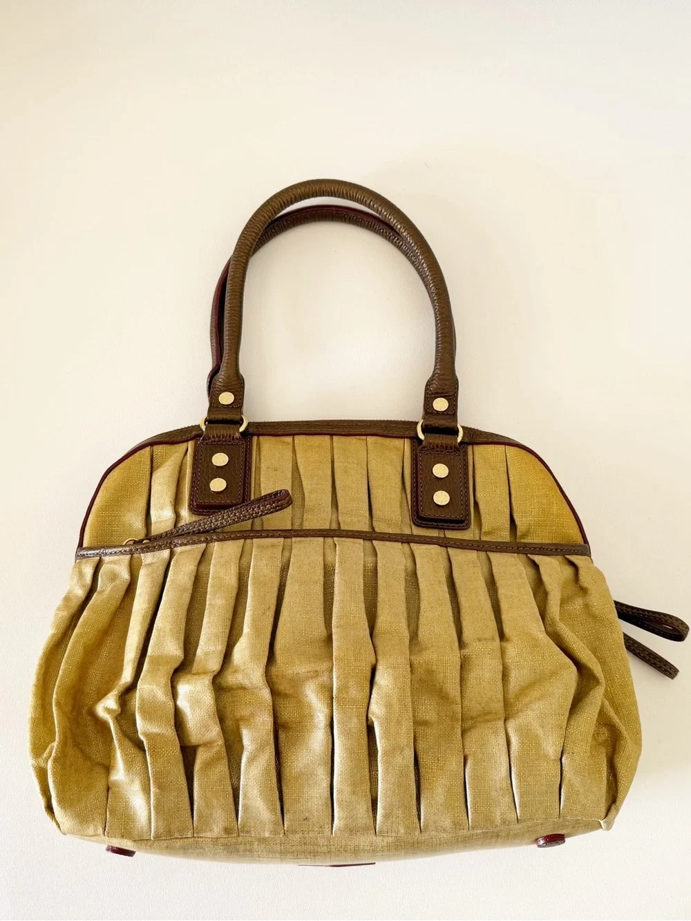 MZ Wallace Bag Bedford Bea Leather Pleated Canvas Satchel Metallic Gold - Picture 2 of 16